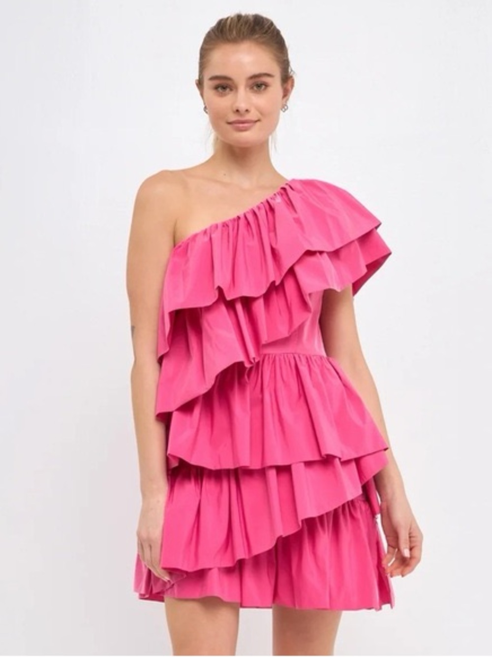 Endless Rose One-Shoulder Hot Pink Tiered Ruffle Mini Dress